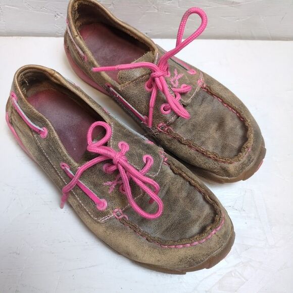 Twisted X Driving Mocs Big Kids Size 3.5 Bomber / Neon Pink Breast Cancer Ribbon - Picture 2 of 6